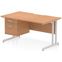 Impulse 1400mm Scalloped Edge Rectangular Desk, Silver Cantilever Legs, Oak, With 1 x 2 Drawer Fixed Pedestal