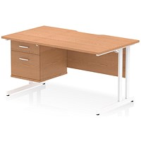 Impulse 1400mm Scalloped Edge Rectangular Desk, White Cantilever Legs, Oak, With 1 x 2 Drawer Fixed Pedestal