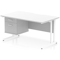 Impulse 1400mm Scalloped Edge Rectangular Desk, White Cantilever Legs, White, With 1 x 2 Drawer Fixed Pedestal