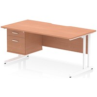 Impulse 1600mm Scalloped Edge Rectangular Desk, White Cantilever Legs, Beech, With 1 x 2 Drawer Fixed Pedestal