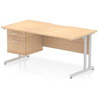 Impulse 1600mm Scalloped Edge Rectangular Desk, Silver Cantilever Legs, Maple, With 1 x 2 Drawer Fixed Pedestal