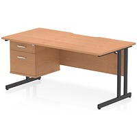 Impulse 1600mm Scalloped Edge Rectangular Desk, Black Cantilever Legs, Oak, With 1 x 2 Drawer Fixed Pedestal