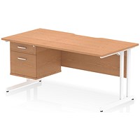 Impulse 1600mm Scalloped Edge Rectangular Desk, White Cantilever Legs, Oak, With 1 x 2 Drawer Fixed Pedestal