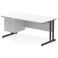 Impulse 1600mm Scalloped Edge Rectangular Desk, Black Cantilever Legs, White, With 1 x 2 Drawer Fixed Pedestal