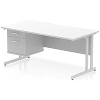 Impulse 1600mm Scalloped Edge Rectangular Desk, Silver Cantilever Legs, White, With 1 x 2 Drawer Fixed Pedestal