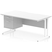 Impulse 1600mm Scalloped Edge Rectangular Desk, White Cantilever Legs, White, With 1 x 2 Drawer Fixed Pedestal