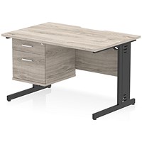 Impulse 1200mm Scalloped Edge Rectangular Desk, Black Cable Managed Legs, Grey Oak, With 1 x 2 Drawer Fixed Pedestal