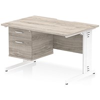 Impulse 1200mm Scalloped Edge Rectangular Desk, White Cable Managed Legs, Grey Oak, With 1 x 2 Drawer Fixed Pedestal