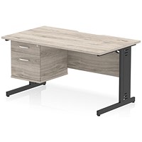 Impulse 1400mm Scalloped Edge Rectangular Desk, Black Cable Managed Legs, Grey Oak, With 1 x 2 Drawer Fixed Pedestal