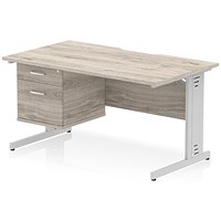 Impulse 1400mm Scalloped Edge Rectangular Desk, Silver Cable Managed Legs, Grey Oak, With 1 x 2 Drawer Fixed Pedestal