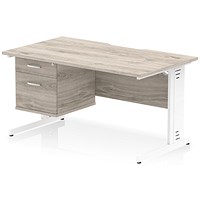 Impulse 1400mm Scalloped Edge Rectangular Desk, White Cable Managed Legs, Grey Oak, With 1 x 2 Drawer Fixed Pedestal