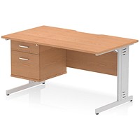 Impulse 1400mm Scalloped Edge Rectangular Desk, Silver Cable Managed Legs, Oak, With 1 x 2 Drawer Fixed Pedestal