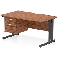 Impulse 1400mm Scalloped Edge Rectangular Desk, Black Cable Managed Legs, Walnut, With 1 x 2 Drawer Fixed Pedestal