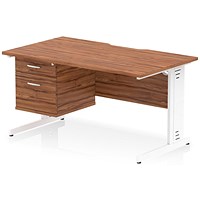 Impulse 1400mm Scalloped Edge Rectangular Desk, White Cable Managed Legs, Walnut, With 1 x 2 Drawer Fixed Pedestal