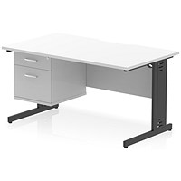 Impulse 1400mm Scalloped Edge Rectangular Desk, Black Cable Managed Legs, White, With 1 x 2 Drawer Fixed Pedestal