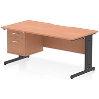 Impulse 1600mm Scalloped Edge Rectangular Desk, Black Cable Managed Legs, Beech, With 1 x 2 Drawer Fixed Pedestal