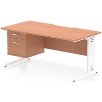 Impulse 1600mm Scalloped Edge Rectangular Desk, White Cable Managed Legs, Beech, With 1 x 2 Drawer Fixed Pedestal