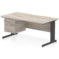 Impulse 1600mm Scalloped Edge Rectangular Desk, Black Cable Managed Legs, Grey Oak, With 1 x 2 Drawer Fixed Pedestal