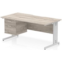 Impulse 1600mm Scalloped Edge Rectangular Desk, Silver Cable Managed Legs, Grey Oak, With 1 x 2 Drawer Fixed Pedestal