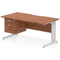 Impulse 1600mm Scalloped Edge Rectangular Desk, Silver Cable Managed Legs, Walnut, With 1 x 2 Drawer Fixed Pedestal