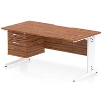 Impulse 1600mm Scalloped Edge Rectangular Desk, White Cable Managed Legs, Walnut, With 1 x 2 Drawer Fixed Pedestal