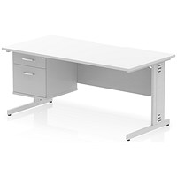 Impulse 1600mm Scalloped Edge Rectangular Desk, Silver Cable Managed Legs, White, With 1 x 2 Drawer Fixed Pedestal