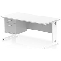 Impulse 1600mm Scalloped Edge Rectangular Desk, White Cable Managed Legs, White, With 1 x 2 Drawer Fixed Pedestal