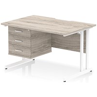 Impulse 1200mm Scalloped Edge Rectangular Desk, White Cantilever Legs, Grey Oak, With 1 x 3 Drawer Fixed Pedestal