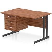 Impulse 1200mm Scalloped Edge Rectangular Desk, Black Cantilever Legs, Walnut, With 1 x 3 Drawer Fixed Pedestal