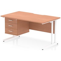 Impulse 1400mm Scalloped Edge Rectangular Desk, White Cantilever Legs, Beech, With 1 x 3 Drawer Fixed Pedestal