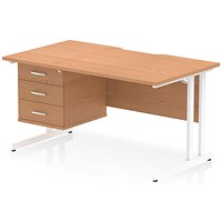 Impulse 1400mm Scalloped Edge Rectangular Desk, White Cantilever Legs, Oak, With 1 x 3 Drawer Fixed Pedestal