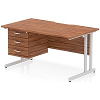 Impulse 1400mm Scalloped Edge Rectangular Desk, Silver Cantilever Legs, Walnut, With 1 x 3 Drawer Fixed Pedestal