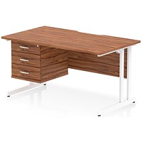 Impulse 1400mm Scalloped Edge Rectangular Desk, White Cantilever Legs, Walnut, With 1 x 3 Drawer Fixed Pedestal