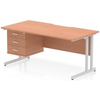 Impulse 1600mm Scalloped Edge Rectangular Desk, Silver Cantilever Legs, Beech, With 1 x 3 Drawer Fixed Pedestal