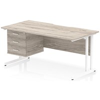 Impulse 1600mm Scalloped Edge Rectangular Desk, White Cantilever Legs, Grey Oak, With 1 x 3 Drawer Fixed Pedestal