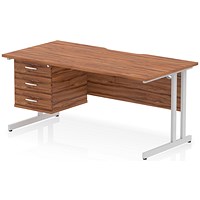 Impulse 1600mm Scalloped Edge Rectangular Desk, Silver Cantilever Legs, Walnut, With 1 x 3 Drawer Fixed Pedestal