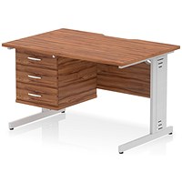 Impulse 1200mm Scalloped Edge Rectangular Desk, Silver Cable Managed Legs, Walnut, With 1 x 3 Drawer Fixed Pedestal