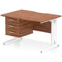 Impulse 1200mm Scalloped Edge Rectangular Desk, White Cable Managed Legs, Walnut, With 1 x 3 Drawer Fixed Pedestal