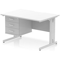 Impulse 1200mm Scalloped Edge Rectangular Desk, Silver Cable Managed Legs, White, With 1 x 3 Drawer Fixed Pedestal