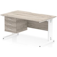 Impulse 1400mm Scalloped Edge Rectangular Desk, White Cable Managed Legs, Grey Oak, With 1 x 3 Drawer Fixed Pedestal