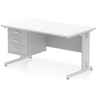 Impulse 1400mm Scalloped Edge Rectangular Desk, Silver Cable Managed Legs, White, With 1 x 3 Drawer Fixed Pedestal