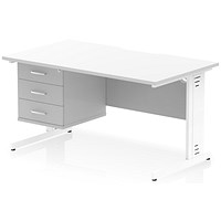 Impulse 1400mm Scalloped Edge Rectangular Desk, White Cable Managed Legs, White, With 1 x 3 Drawer Fixed Pedestal