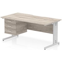 Impulse 1600mm Scalloped Edge Rectangular Desk, Silver Cable Managed Legs, Grey Oak, With 1 x 3 Drawer Fixed Pedestal