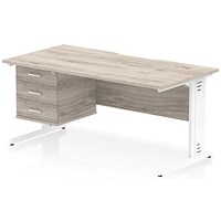 Impulse 1600mm Scalloped Edge Rectangular Desk, White Cable Managed Legs, Grey Oak, With 1 x 3 Drawer Fixed Pedestal