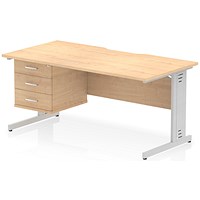 Impulse 1600mm Scalloped Edge Rectangular Desk, Silver Cable Managed Legs, Maple, With 1 x 3 Drawer Fixed Pedestal