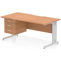 Impulse 1600mm Scalloped Edge Rectangular Desk, Silver Cable Managed Legs, Oak, With 1 x 3 Drawer Fixed Pedestal