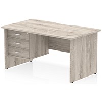 Impulse 1400mm Scalloped Edge Rectangular Desk, Panel End Legs, Grey Oak With 1 x 3 Drawer Fixed Pedestal