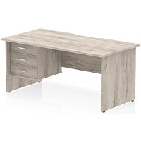 Impulse 1600mm Scalloped Edge Rectangular Desk, Panel End Legs, Grey Oak With 1 x 3 Drawer Fixed Pedestal