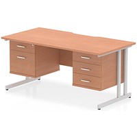 Impulse 1600mm Scalloped Edge Rectangular Desk, Silver Cantilever Legs, Beech, With 1 x 2 Drawer and 1 x 3 Drawer Fixed Pedestals