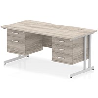 Impulse 1600mm Scalloped Edge Rectangular Desk, Silver Cantilever Legs, Grey Oak, With 1 x 2 Drawer and 1 x 3 Drawer Fixed Pedestals